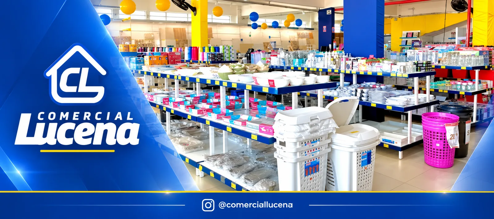 Interior do 1º andar da Comercial Lucena com utilidades para o lar e o perfil @comerciallucena no Instagram