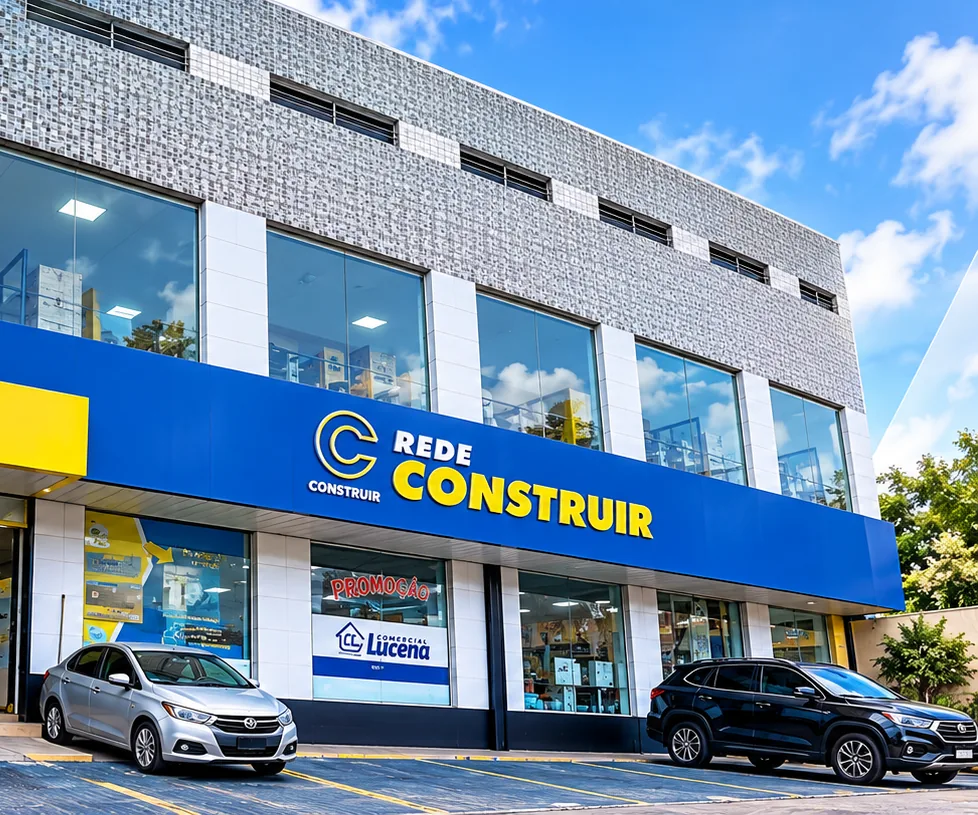 Fachada da Comercial Lucena Rede Construir na Av. Lindolfo Collor, 33, Paratibe, Paulista, com estacionamento na frente
